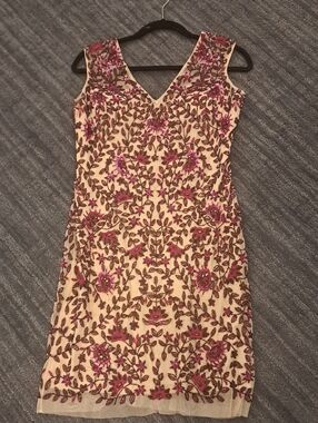 Aidan Mattox V-Neck Cream Mesh Dress with Rose Pink Floral Beading & Embroidery